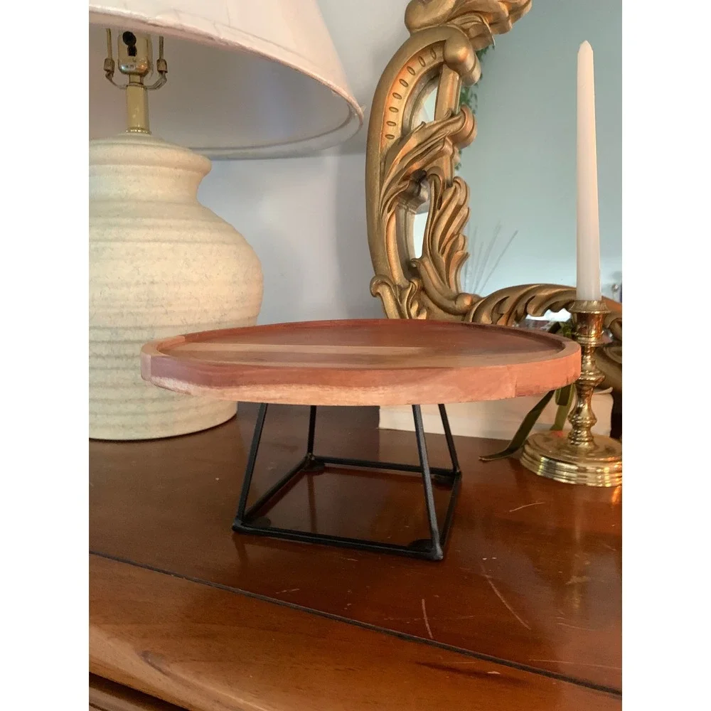 Acacia‎ Wood Cake Stand Pedestal Tray Black Metal Base 12 Inch Round Two-Tone